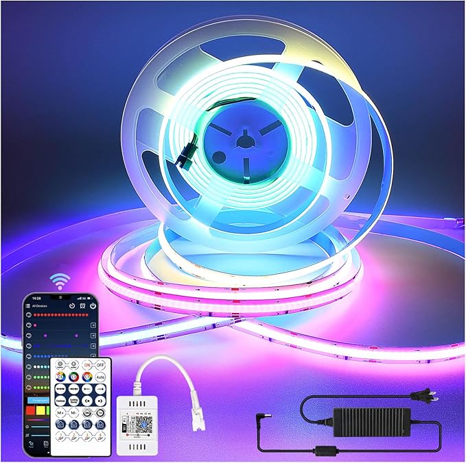 INDARUN RGB Smart IC COB Led Strip Light 720 LEDs/M, 16.4ft/5M 12mm Width, 12V Alexa Addressable Led Strip for TV Led Backlight, Music Sync, APP Control, Flexible Led Tape Light for Bedroom