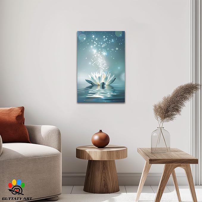 Zen White Lotus Flower Canvas Wall Art, Lotus Flower Pictures Bathroom Zen Print, Spiritual Water Lily Canvas Prints, Lotus Bloom on Water Poster, Zen Calm Relax Artwork for Yoga Spa Room 12x18 inch