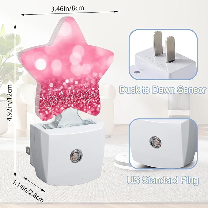 Pink Red Glittering Dusk to Dawn Star Night Light,Abstract Christmas Smart Sensor Nightlight for Bedroom Kitchen Hallway Stairs,Plug-in Energy Efficient Decor Desk Lamp Women Men Gifts
