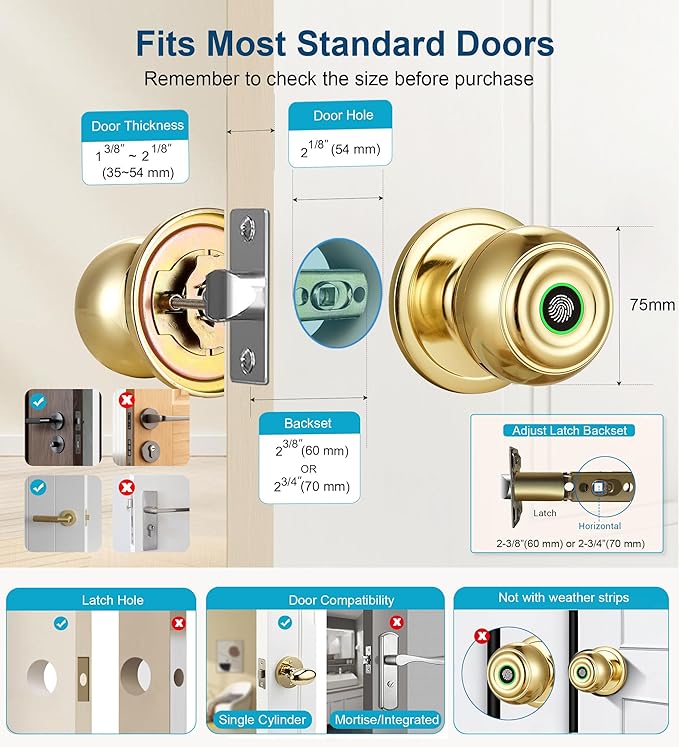 Fingerprint Door Lock, Smart Fingerprint Door Knob with Lock, Biometric Door knob with App Control & Key, Keyless Entry Door Locks for Bedrooms, Front Door, Home, Apartment Office-Polished Brass
