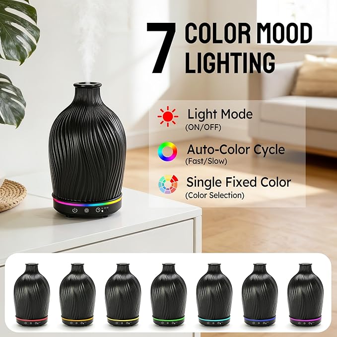 Essential Oil Diffuser 150ml, Resin Material Aromatherapy Diffuser with 1/2/4H Timer, 7 Color Lights, Auto Shut-Off, Whisper-Quiet Ultrasonic Humidifier for Home Bedroom Office (Black)