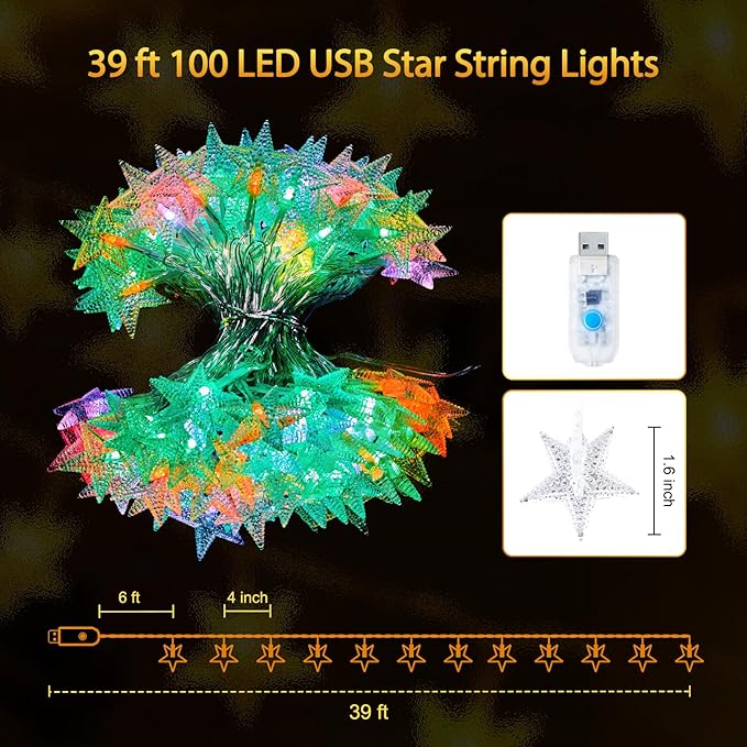 Minetom USB Star String Lights - 39 ft 100 LED Color Changing Star Fairy Lights with Remote and Timer, 16 Single Colors and 7 Modes Starry Lights for Bedroom Dorm Tent Bed Patio Christmas Party Indoor