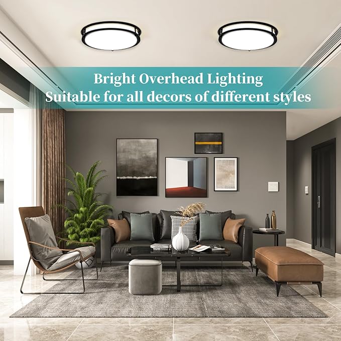 16Inch LED Ceiling Light Fixtures, Flush Mount Light Fixtures 50W, 5CCT Adjustable 2700K 3000K 4000K 5000K 6500K, Close to Ceiling Light for Kitchen Hallway Bathroom Kitchen Bedroom Black 2 Packs