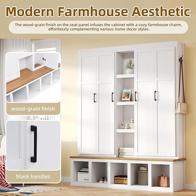 Merax Modern Farmhouse Hall Tree with Bench, 4-in-1 Entryway Storage Cabinet & Shoe Organizer with Hooks, White