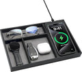 Valet Tray, Built in Wireless Charging Pad, Nightstand Organizer, Two-Toned Premium Vegan Leather Desk Bedside Caddy Organizer Tray for Keys, Watch, Wallet, Jewelry (Black+Gray)