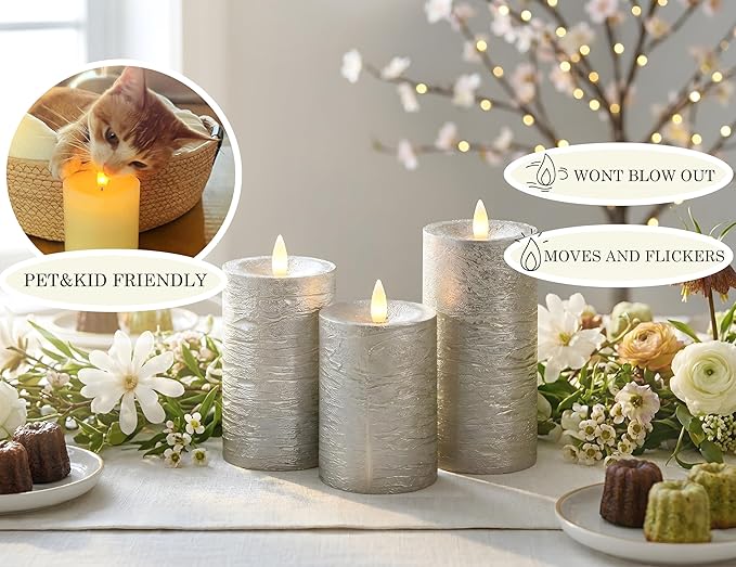 Shiny Metallic Silver Flameless Pillar Candles, Patented 3D Realistic Moving Flickering Flame with Remote Timer, Battery Operated 400hrs for Wedding, Holiday, Party, Decor, Gift(Set of 3)
