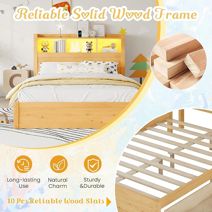 Kids Full Bed Frame with Drawers & Storage Headboard, Solid Wood Platform Bed with Pull-Out Cabinet, Built-in LED Light & Charging Station, No Box Spring Needed, Natural