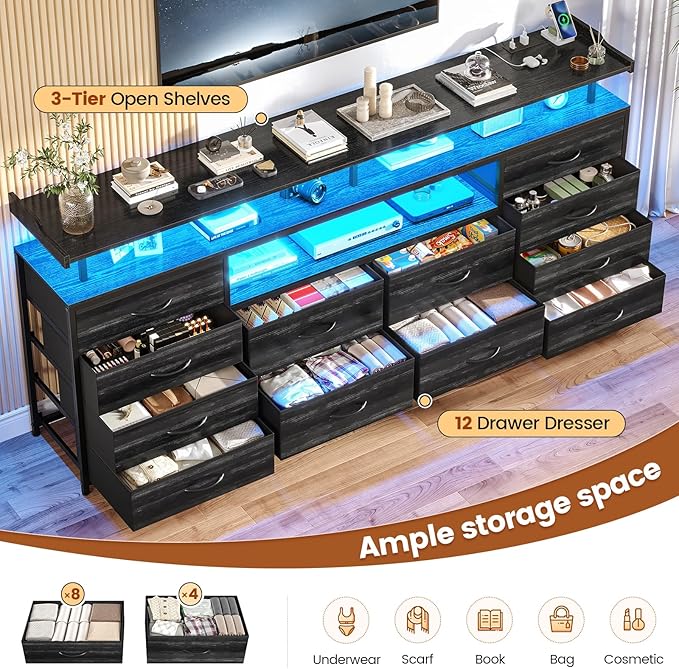 BTHFST 12 Drawers TV Stand Dresser for 65/70 inch TV, Entertainment Center with LED Lights & Power Outlets, 63" Large LED TV Stand, TV Console for Bedroom