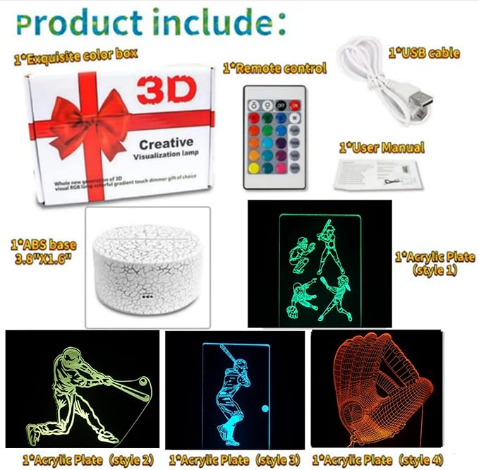 3D Baseball Night Light - 4 Patterns Hologram Illusion Lamp With Remote Control/Smart Touch, 16 Colors Changing, Room Decor, Gift for Boys Girls (Style 9)