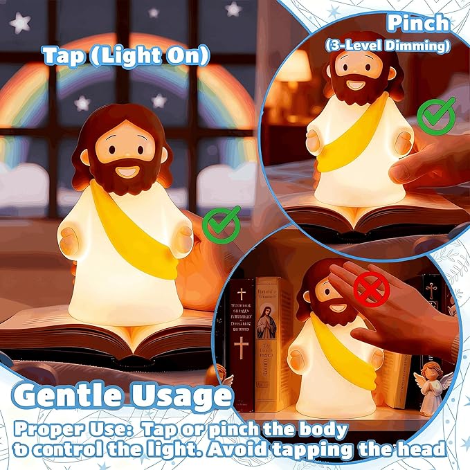 Little Jesus Night Light Mini Jesus Silicone Lamp Dimmable Nursery Nightlight for Kids Rechargeable Bedside Touch Lamp Perfect for Christmas, Easter and Baptism Gifts (Yellow)