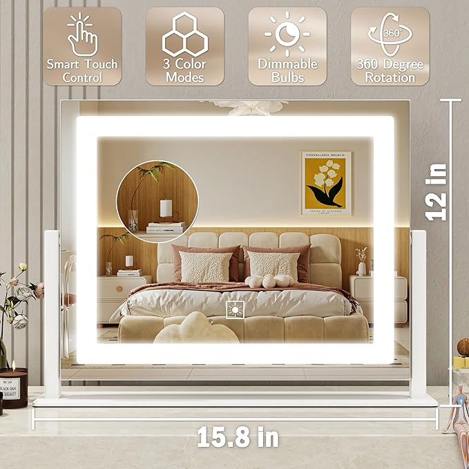 ROLOVE 16x12 Inch Vanity Mirror with Lights, Lighted Makeup Mirror with 10X Magnification, Smart Touch 3 Colors Dimmable, Dresser Mount, Bathroom (White)
