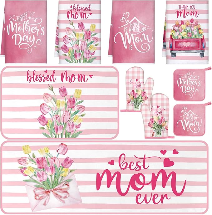 Fourluoo 10 Pcs Mothers Day Kitchen Decor Set Kitchen Towels and Rugs Oven Mitts and Pot Holders Farmhouse Decor for Mom Gift Cooking Baking Grilling