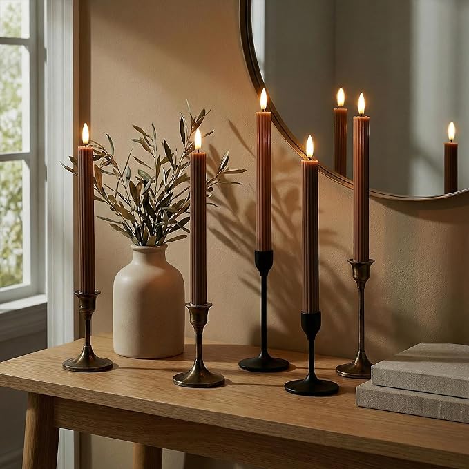 12 Pack, 10" LED Flameless Brown Tan Fluted Ribbed Grooved Taper Candles w/ 2 Remotes & 24h Timer Memory, On/Off Button, Dimmable, Flicker Mode, Battery Operated, Christmas Menorah Wedding
