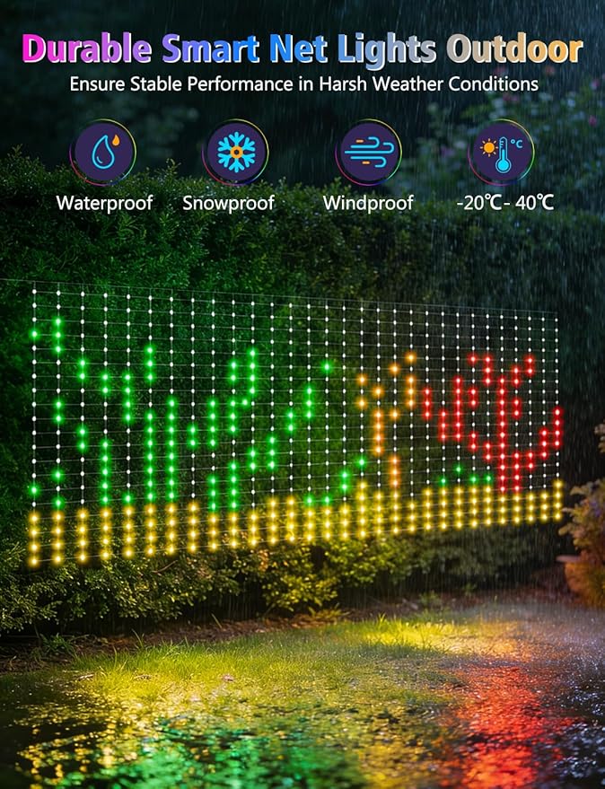 echosari 600 LED Net Lights Outdoor, 3.7 * 9.5ft Smart RGB&IC Net Lights with App/Remote Control, DIY Modes, Waterproof Mesh Light for Patio Bush Decor (Clear Wire)