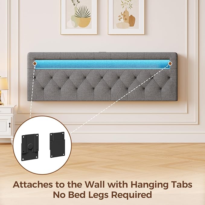 GREENSTELL Headboard for Queen Size Bed with 60,000 DIY Color of LED Light, USB & Type C Post, Upholstered, Height Adjustable, Sturdy, Easy Assembly, Wall Mounted Head Boards Only, Gray
