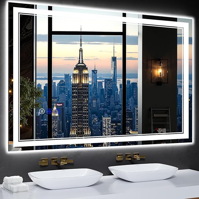 48"x32" LED Bathroom Mirror with Anti-Fog, Stepless Dimmable Lights, 3 Color Modes, Shatter-Proof Tempered Glass,Waterproof Design