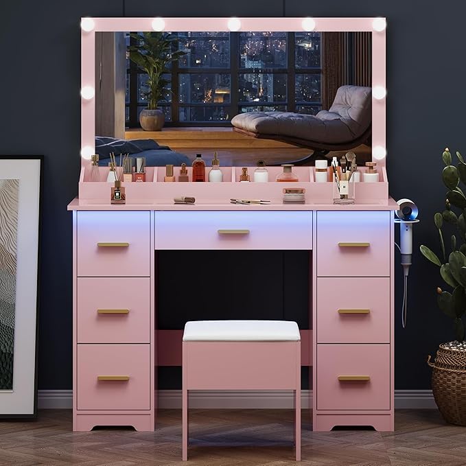 44" Vanity Desk with 38" Large Mirror and 9 LED Lights & Glass Top and Power Outlet, Makeup Vanity Set with 7 Drawers & Chair and RGB Ambient Light, Dressing Table for Bedroom, Modern Pink