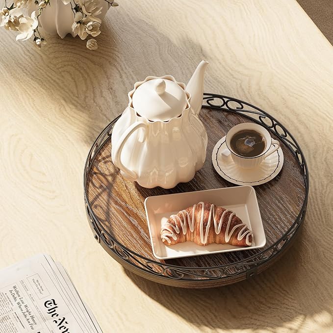 10" Lazy Susan Turntable Organizer for Table Top, Round Wooden Lazy Susan for Cabinet, Farmhouse Decorative Tray for Coffee Table, Kitchen Organizer Countertop, Center Piece Decor, Rustic Brown