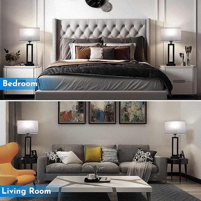 Modern Nightstand Lamps Set of 2 - Touch Control Bedside Table Lamps with USB C&A, 3 Way Dimmable for Bedrooms & Living Room, Gray & Black