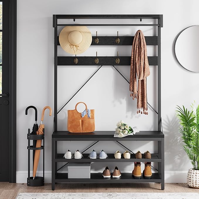 IDEALHOUSE Coat Rack Shoe Bench Industrial Hall Tree Storage Bench for Entryway Wood Look Accent Large Shoe Rack with Storage Shelf Hanging Bar,8 Hooks Grey 39.9"x15.7"x72"