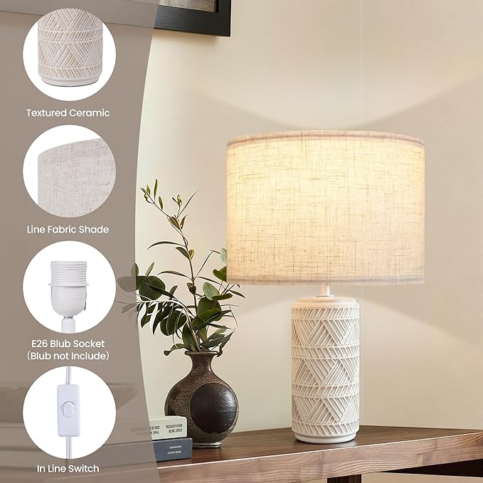 Bedroom Table Lamp Set of 2 for Home and Modern Farmhouse Decor, White Ceramic Bedside Lamps for Living Room and Bedrooms, Nightstand Light for Side Table, Small End Table and Tall Desk