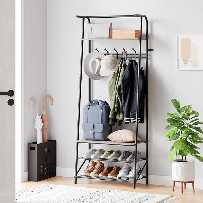 Jojoka 25" Coat Rack, Hall Tree with Shoe Bench and Storage, 4-Tier Shelf with 5 Hooks, Freestanding Metal Entryway Organizer for Hallway, Accent Furniture for Bathroom
