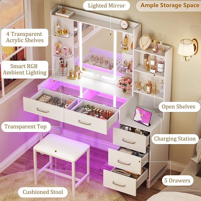 Vanity Desk with Mirror and Lights 3 Colors, 43.3" Makeup Vanity with Glass Top & RGB Light, White Vanity Table Set with Stool, 5 Drawers & Power Outlet for Bedroom Dressing Room