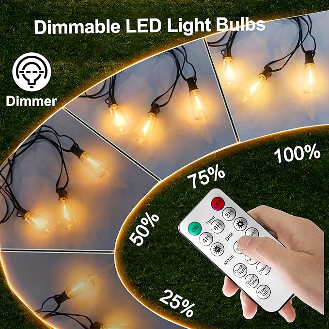 100FT Solar String Lights Outdoor Waterproof with Remote Control Solar Patio Lights 30+2 shatterproof LED ST38 Bulbs for Porch Garden Market Bistro Patio Backyard Fence