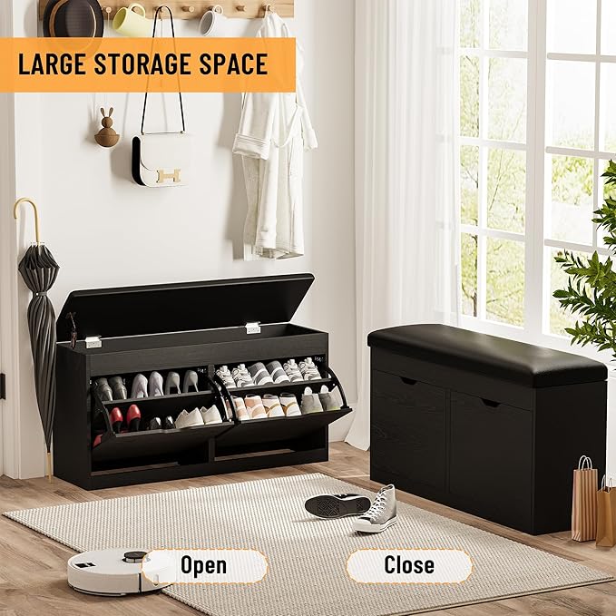 40" Shoe Storage Bench with 2 Flip Drawers & Padded Seat Cushion, Shoe Cabinet with Lift Top Storage Box, Shoe Bench Shoe Organizer for Entryway, Hallway, Living Room, Black
