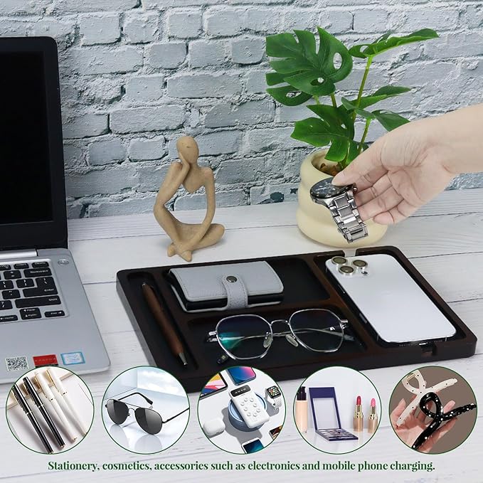 MultiBey Acacia Wood Valet Tray with Leather Inlay | Mens Valet Tray & Desk Organizer | Elegant EDC Catchall Trays for Phone, Wallet, Keys, Watch, Jewelry