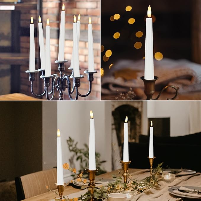 Flameless Taper Candles with 3D Wick, 9.6" Real Wax LED Candles with Remote and Timer, 3 Pack Flickering Candlesticks Battery Operated, Classic Tall Taper Candles for Home, Wedding, Party, White
