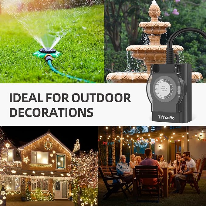 TiFFCOFiO Digital Outdoor Timer Outlet Waterproof, Dial Programmable Method, 2 Grounded Electrical Outlets for Pool Pump and Lights, 6 Sets of Programs, 15A/1875W (Mechanical, 1 Pack)