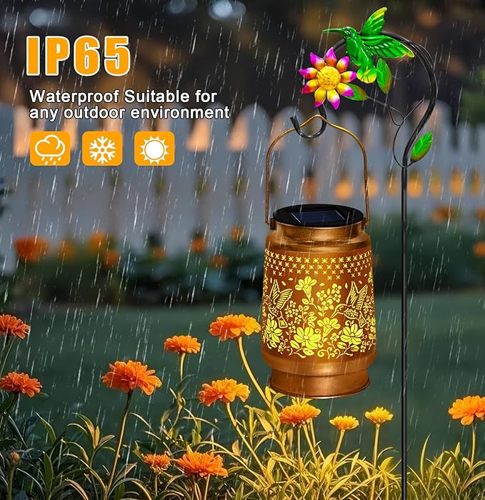 Hummingbird Solar Lanterns Outdoor Waterproof, Hanging Solar Lights Garden Lanterns with Shepherd Hook, Metal Garden Decor for Yard, Patio, Lawn, Landscape, Gifts for Women Mom Christmas
