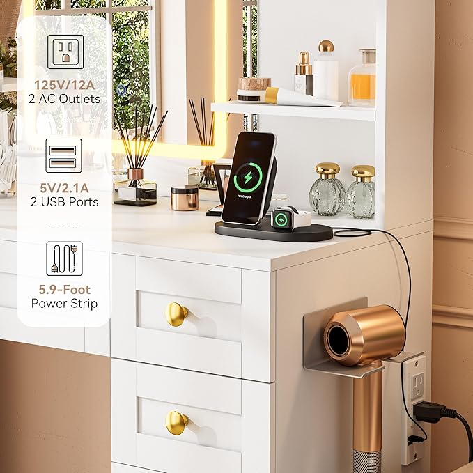 NUNU LAB White Vanity Desk with Mirror and Lights, Women Makeup Vanity with 16 RGB Colors Light & Power Outlet, 4 Cabinet, 2 Shelves & 5 Drawers for Bedroom (049 White)