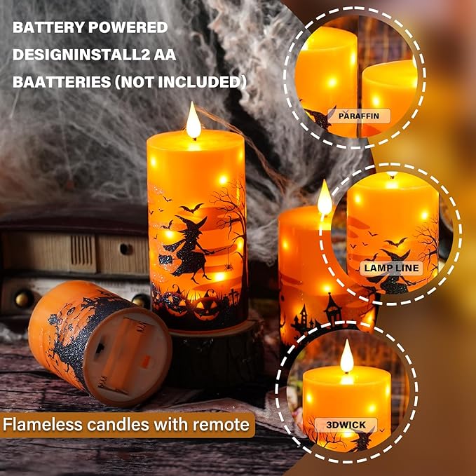 Flameless Candles Real Wax Realistic Halloween Candles, Battery Operated LED Pillar with Remote Timer, Ideal for Halloween Home Decor（D 3"*H 4" 5" 6" ）