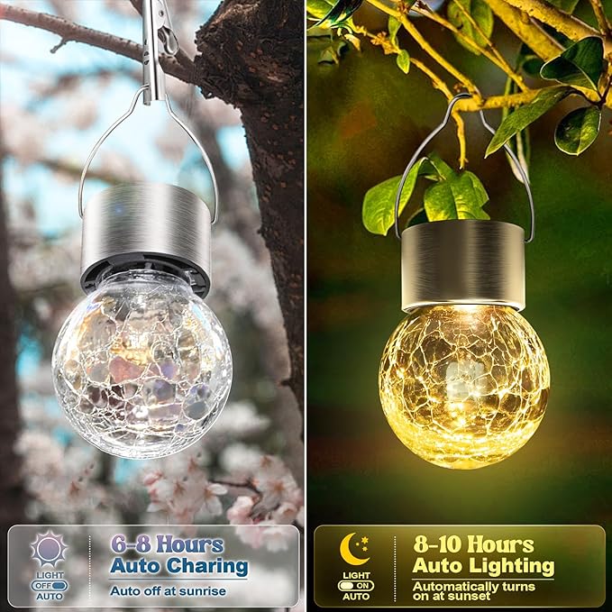 Solar Hanging Lanterns Outdoor: 12 Pack Cracked Glass Ball Lights with Clip - Waterproof Warm White Fairy Globe Lighting Yard Tree Ornaments - Gardening Gifts for Mom Grandma