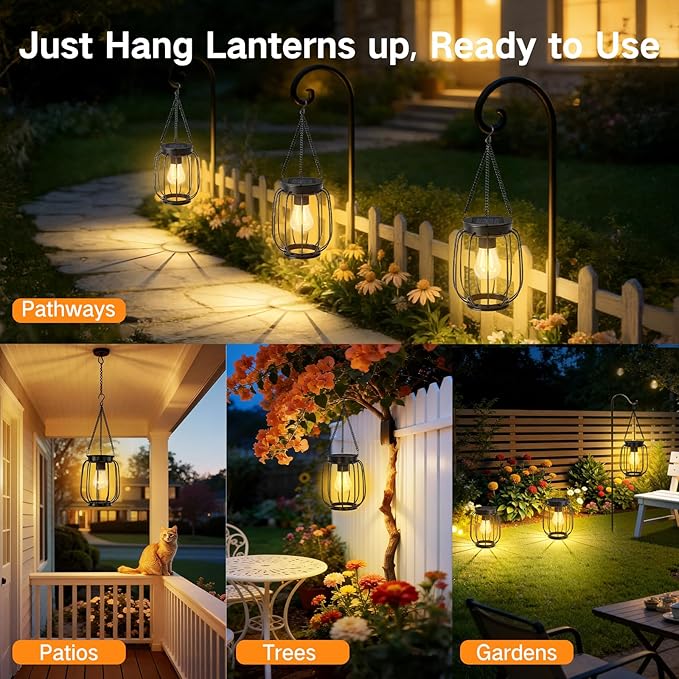 Outdoor Solar Lanterns, Waterproof Vintage Metal Hanging Lights with Warm White LED, Auto On/Off, Brighter Decorative Lanterns for Garden Patio Yard Porch, Gifts for Women Mom, 4 Pack