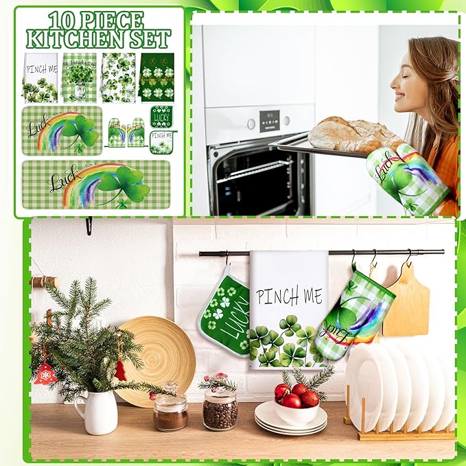 Fourluoo 10 Pcs St Patricks Day Kitchen Set Shamrocks Kitchen Towels and Rugs Oven Mitts and Pot Holders Irish Decor for Women Mom Gift Cooking Baking Grilling