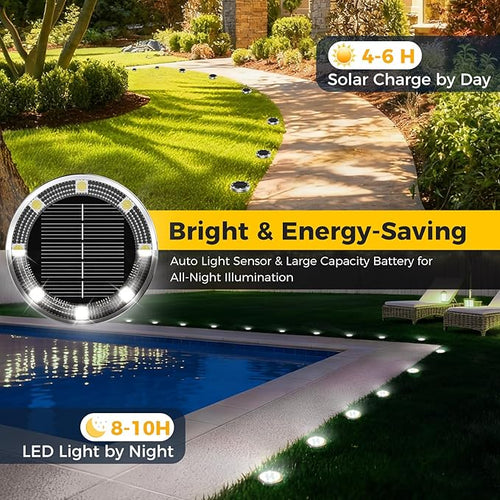 10 Pack Solar Ground Lights Outdoor, 8 LED Mini Flat Solar Disk Lights, IP65 Waterproof Anti-Rust Disc Light, Landscape Lighting for Garden Pathway Yard Walkway Driveway Lawn,Cool White