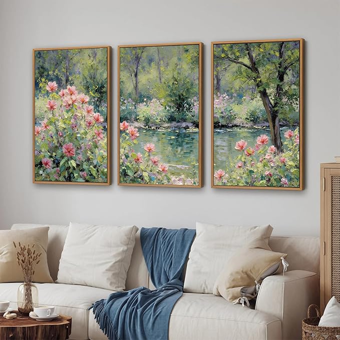 YeeHomedec Monet Botanical Framed Canvas Wall Art Set, Impressionist Floral Garden Wall Decor, Vintage Pond Tree Artwork, Nature Landscape Art Paintings for Living Room Bedroom Bathroom 24"x36"x3