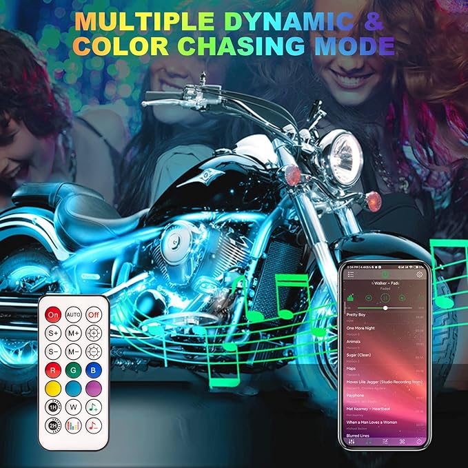 16 Pcs RGB Chasing Motorcycle LED Lights Kit for Harley Davidson Kawasaki Suzuki, Waterproof Magic Multicolor Motorcycle Underglow Kit Strip Lights with APP Control Music Sync Brake Turn Signal