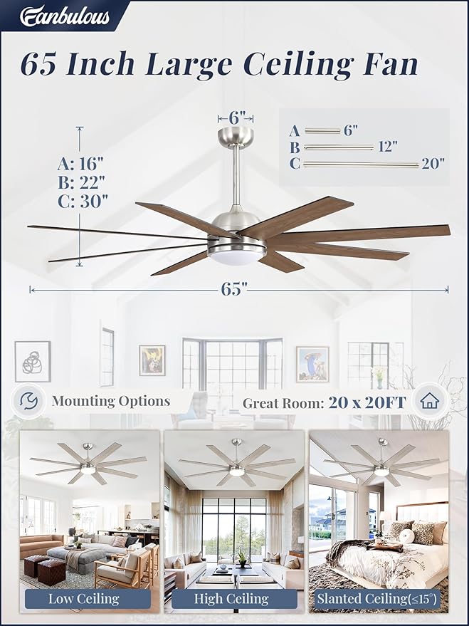 Fanbulous 65 Inch Ceiling Fans with Lights and Remote, Brush Nickel Indoor/Outdoor Ceiling Fan with Quiet Reversible DC Motor, 6 Speeds, 3CCT, 8 Blades Large Ceiling Fan for Living Room Bedroom Patio