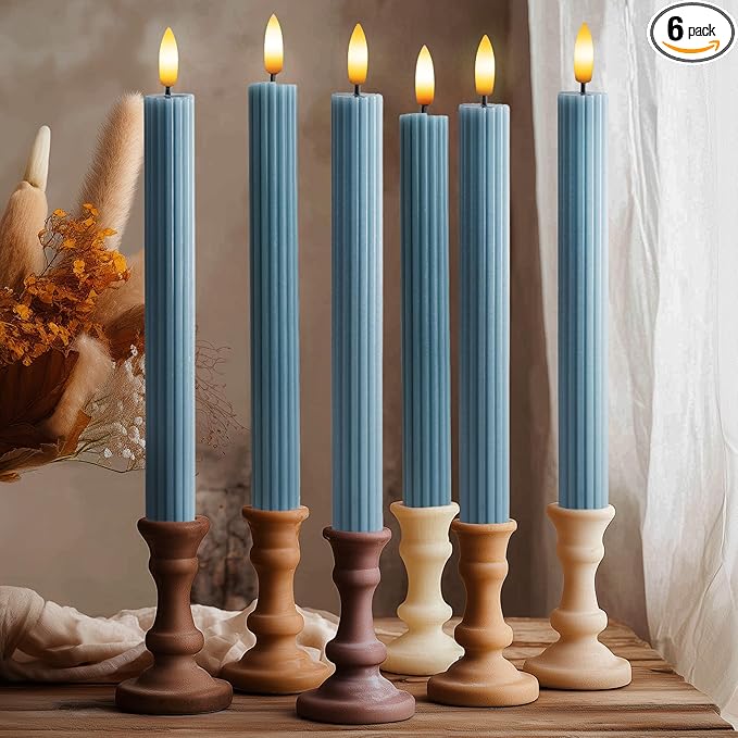 6 Pack, 10" LED Flameless Blue Fluted Ribbed Grooved Taper Candles, Remote & 24h Timer Memory, On/Off Button, Dimmable, Flicker Mode, Battery Operated, Christmas Menorah Wedding