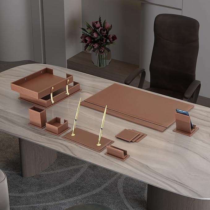 MOOGCO 12-Piece Leather Desk Set — Desk Pad 23.2" x 15.4", Double Document Tray, Pen Holder — Desk Organizer Set for Home Office & Executive Desk Accessories