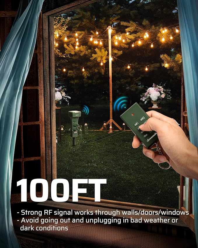 DEWENWILS Outdoor Power Stake Timer Waterproof, 100FT Range Remote Control Outlet Timer, 6 Grounded Outlets 6FT Cord, Photocell Dusk to Dawn, for Lights, Garden, 1875W/15A UL Listed