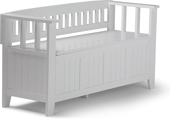 SIMPLIHOME Acadian Solid Wood 48 inch Wide Storage Bench that Seats 2 and 36 inch Wide Storage Cabinet in White for the Living Room, Entryway, and Family Room, Transitional Style