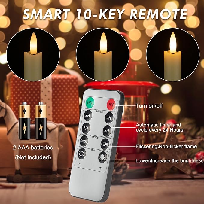 Flameless Taper Candles with Rmote, 9.6" Real Wax Battery Operated Candles with 3D Wick, 3 Pack Led Flickering Candlesticks, Electric Candle for Home, Wedding, Party Decor, Ivory