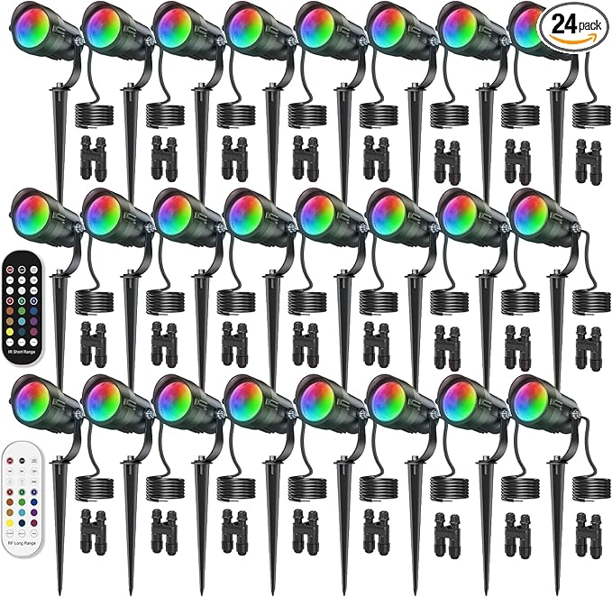 HIBOITEC RGBW Low Voltage Landscape Lighting 12W with Remote Connectors Spotlights Landscape Lights 12-24V AC/DC Waterproof for House Yard Trees Outdoor Christmas 24Pack(Transformers NOT Included)