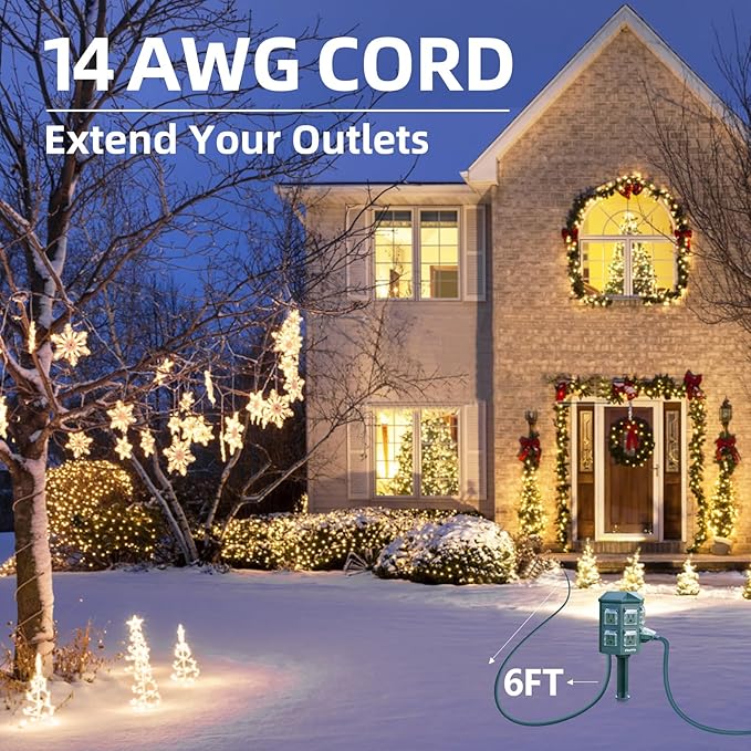 Flexora Outdoor Power Strip with 24-Hour Mechanical Timer, 25 FT Extension Cord Waterproof, 6 Grounded Outlets for Graden and Yard Decorations, ETL Listed (25 FT)