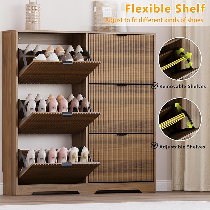 Large Shoe Cabinet for Entryway, Tall Narrow Shoe Storage Cabinet with 6 Flip Drawers and Adjustable Shelves, Shoe Rack Cabinet Organizer for Hallway, Foyer, Small Apartment